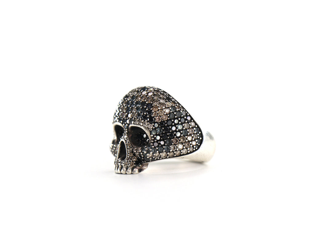 DAVID YURMAN Skull Ring, Sterling Silver, Black & Cognac Diamonds, Size 11/EU65