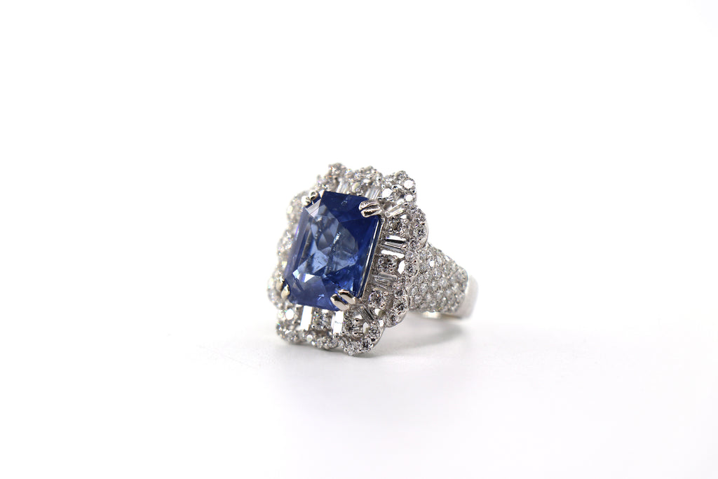Sapphire Emerald Cut Ring 18K White Gold, Sapphire & Diamonds, Size 7/ EU54.5
