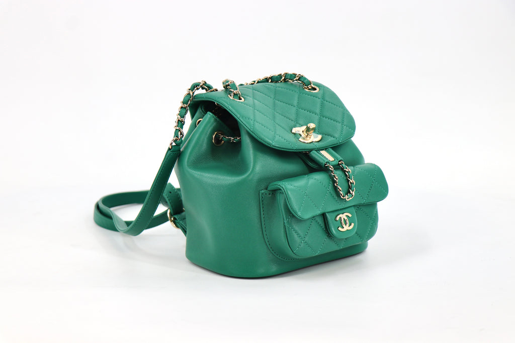 CHANEL Duma Backpack, Quilted Glazed Aged Calfskin in Green from 23C Collection