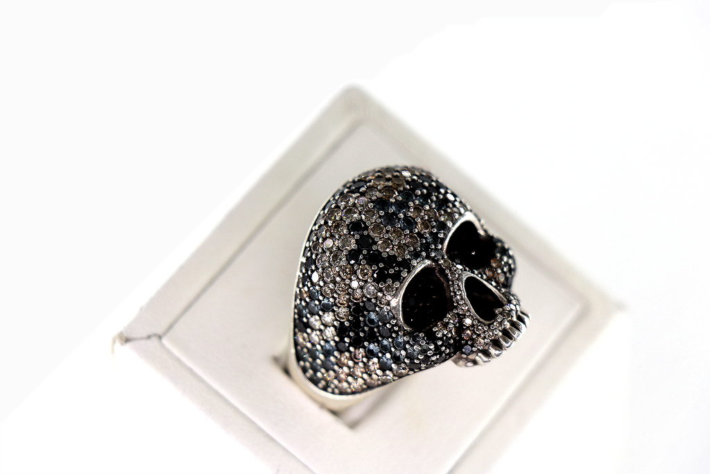 DAVID YURMAN Skull Ring, Sterling Silver, Black & Cognac Diamonds, Size 11/EU65
