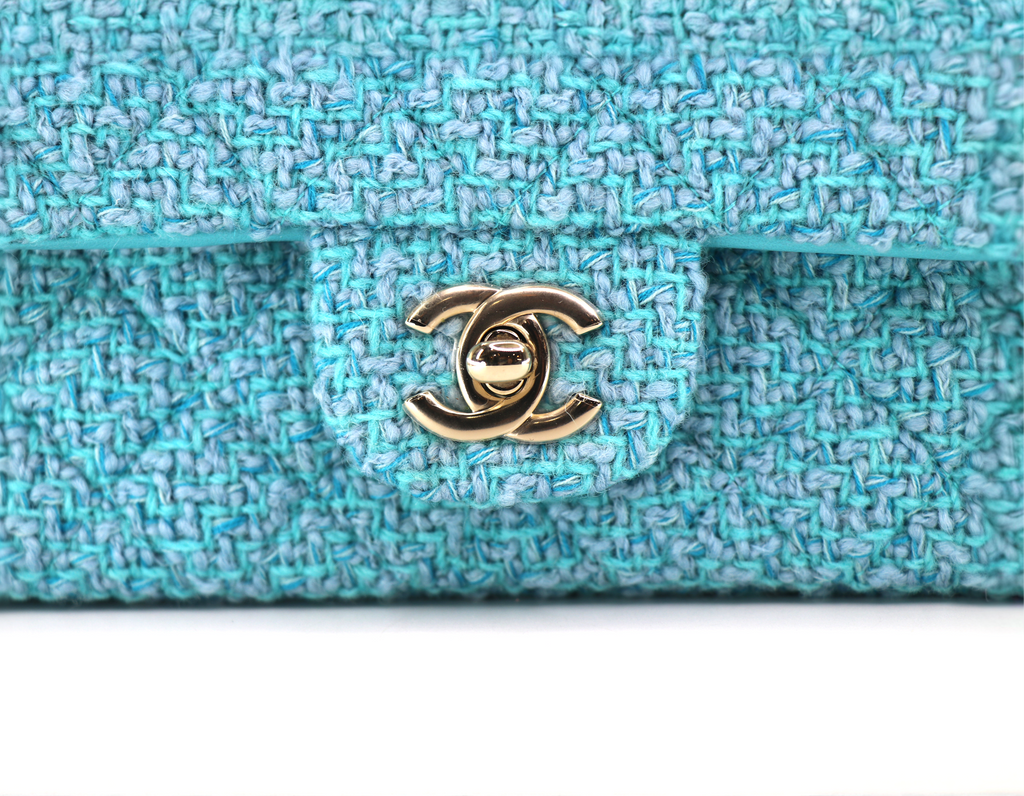 CHANEL Mini Rectangular Flap Bag, Wool & Tweed in Light Blue/Turquoise, 2022