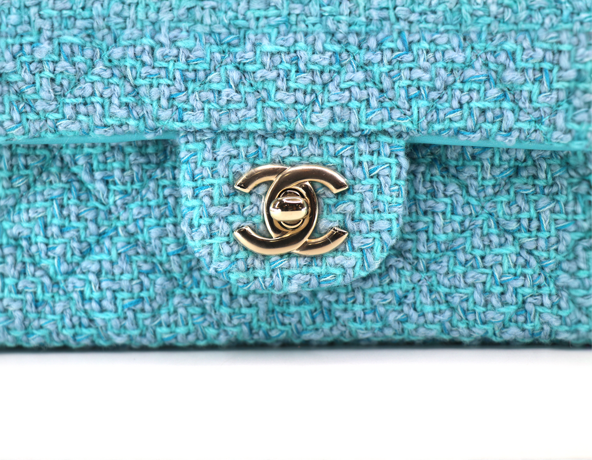 CHANEL Mini Rectangular Flap Bag, Wool & Tweed in Light Blue/Turquoise, 2022