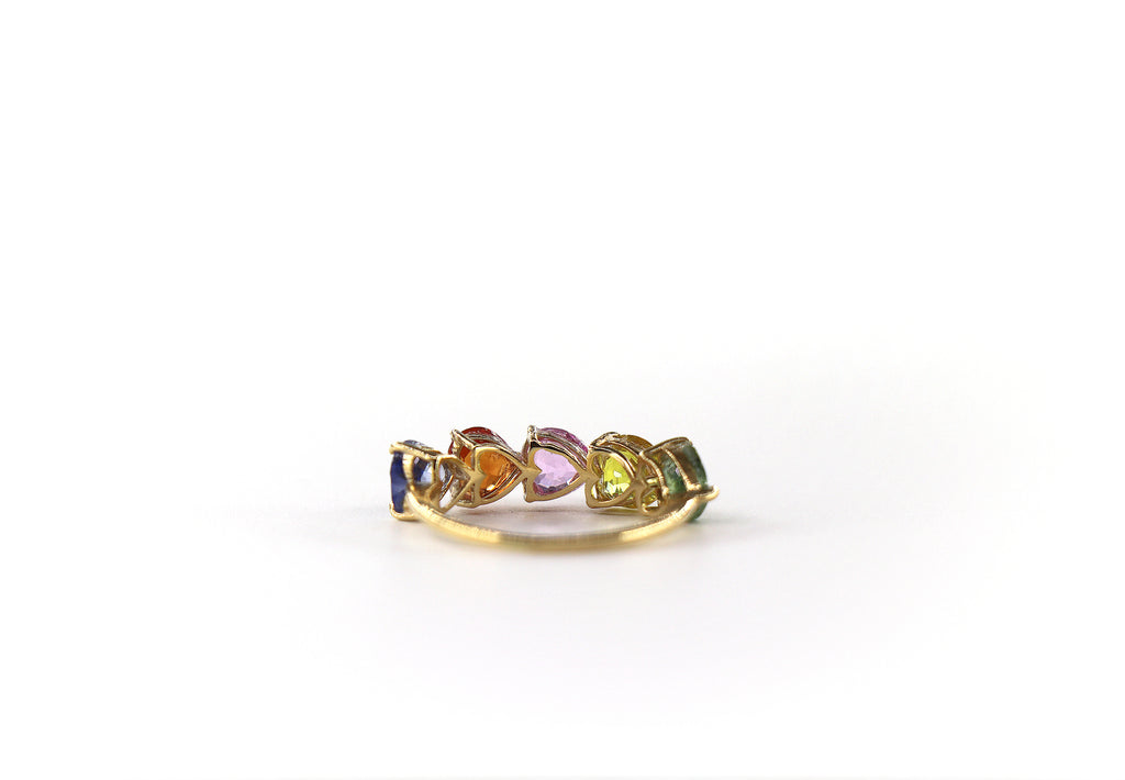 Multicolor Heart Ring 18K Yellow Gold, Sapphires, Size 5/ EU49