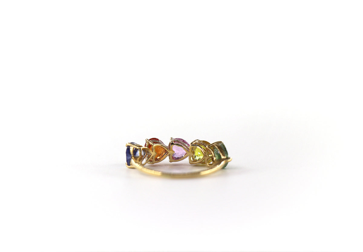 Multicolor Heart Ring 18K Yellow Gold, Sapphires, Size 5/ EU49