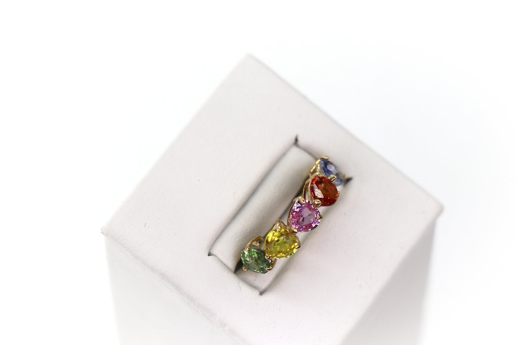 Multicolor Heart Ring 18K Yellow Gold, Sapphires, Size 5/ EU49