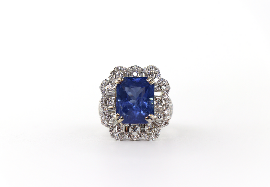 Sapphire Emerald Cut Ring 18K White Gold, Sapphire & Diamonds, Size 7/ EU54.5