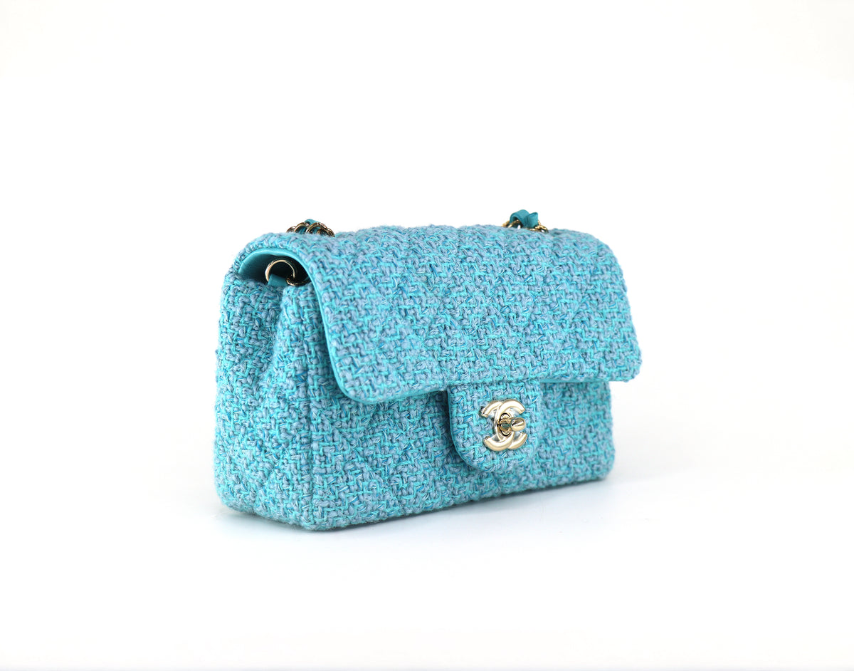 CHANEL Mini Rectangular Flap Bag, Wool & Tweed in Light Blue/Turquoise, 2022
