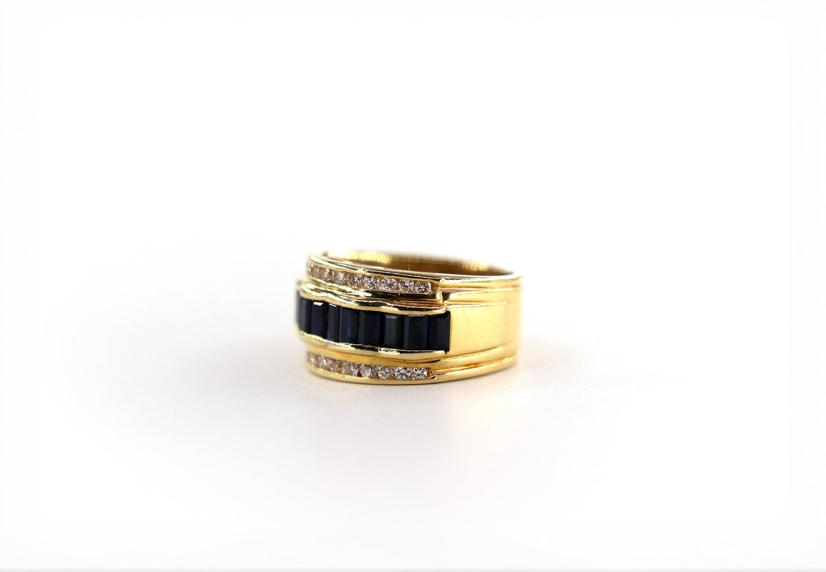 LE VIAN Baguette Sapphire Wide Ring 18K Yellow Gold, Sapphires, Size 6.5/ EU53