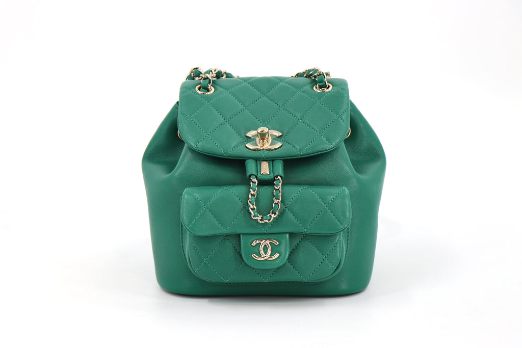 CHANEL Duma Backpack, Quilted Glazed Aged Calfskin in Green from 23C Collection