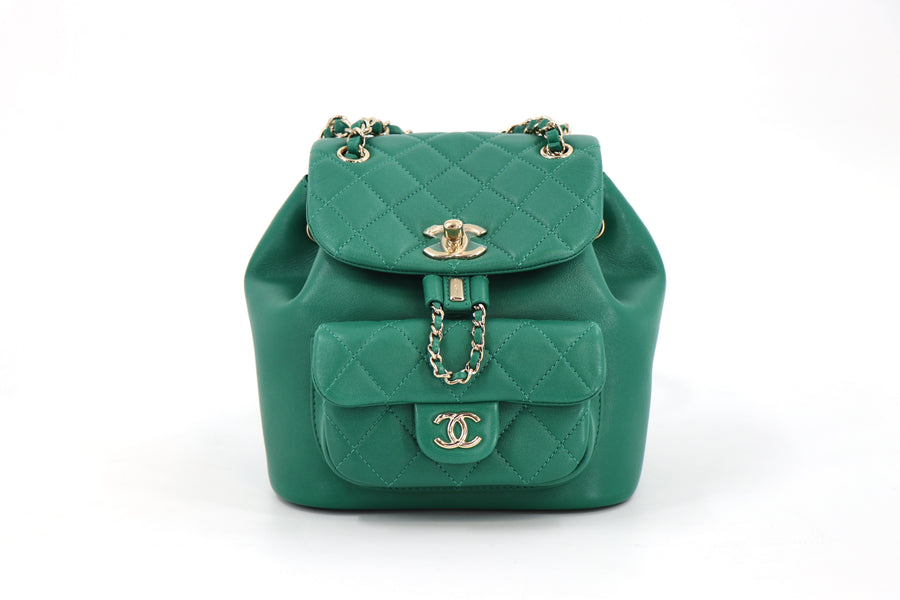 CHANEL Duma Backpack, Quilted Glazed Aged Calfskin in Green from 23C Collection