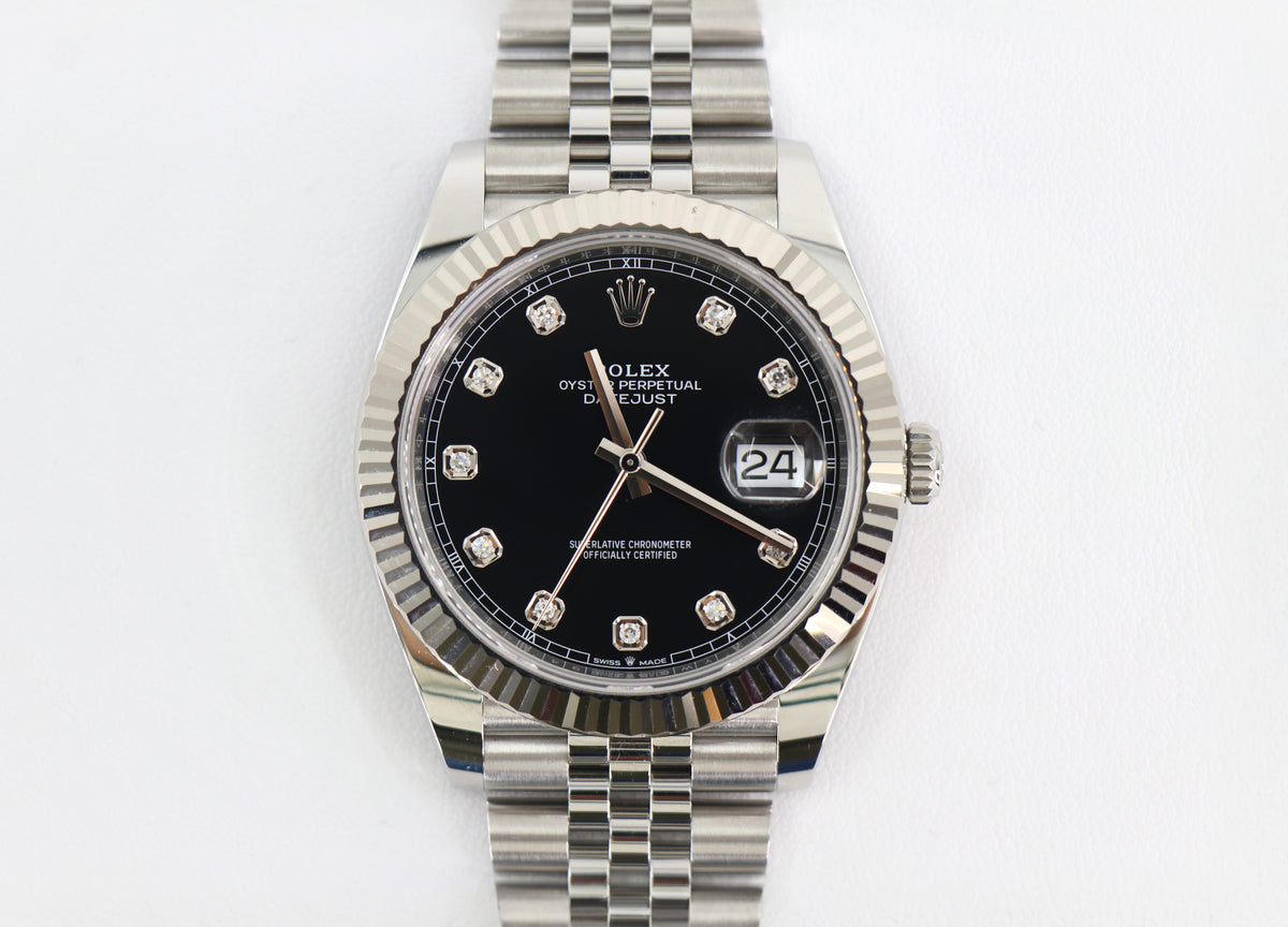 ROLEX Datejust 126334 41mm 18K White Gold & Steel, Black Diamond Dial, Full Set