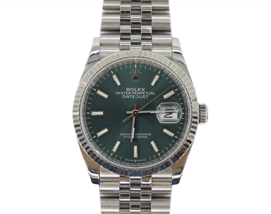 ROLEX Datejust 36 126234 36mm White Gold & Steel, Mint Green Dial, Watch & Box