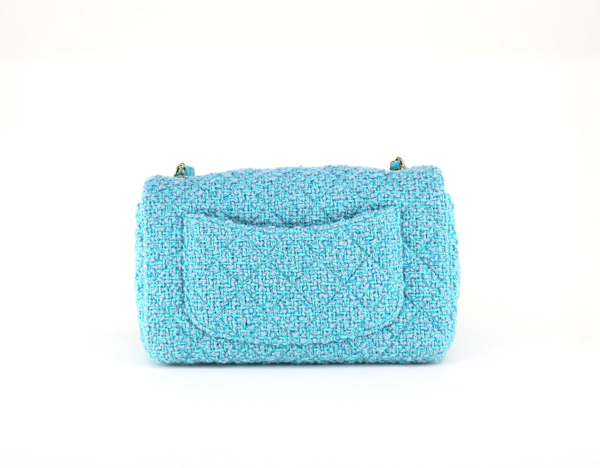 CHANEL Mini Rectangular Flap Bag, Wool & Tweed in Light Blue/Turquoise, 2022