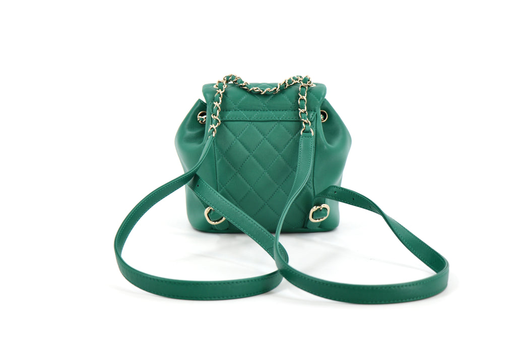CHANEL Duma Backpack, Quilted Glazed Aged Calfskin in Green from 23C Collection