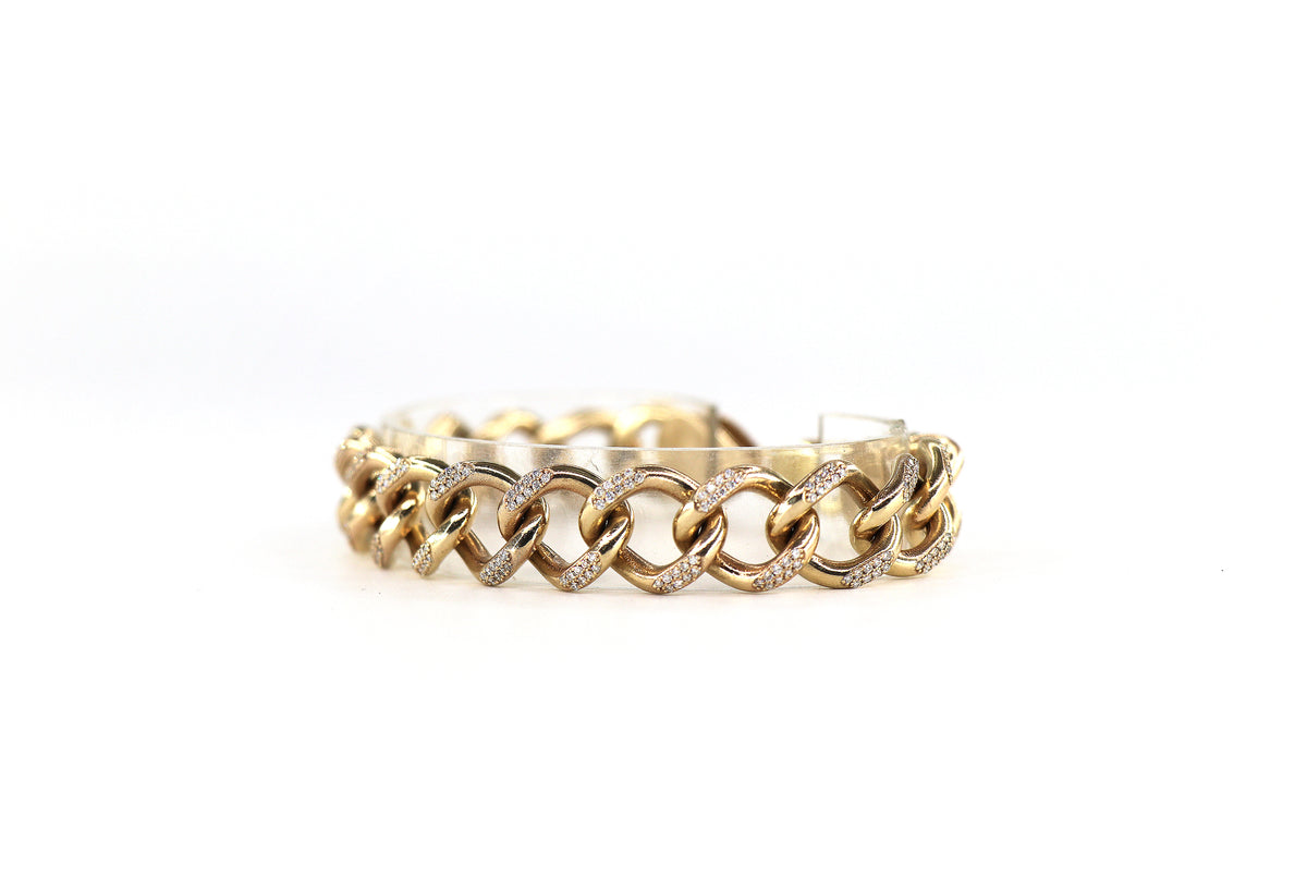 Cuban Link Diamond Bracelet 14K Yellow Gold, Diamonds, 13.7mm