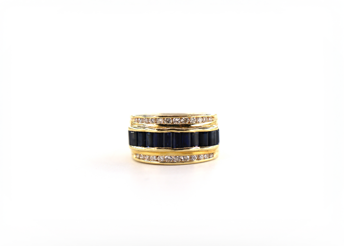 LE VIAN Baguette Sapphire Wide Ring 18K Yellow Gold, Sapphires, Size 6.5/ EU53