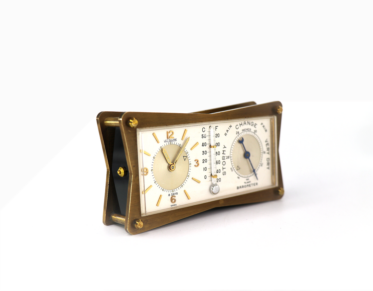 JAEGER-LECOULTRE Baro-Thermo Travel Alarm Clock, Gilt Brass in Gold, 1960s