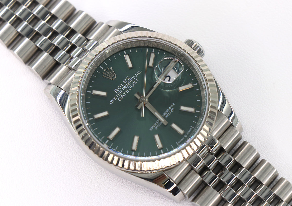 ROLEX Datejust 36 126234 36mm White Gold & Steel, Mint Green Dial, Watch & Box