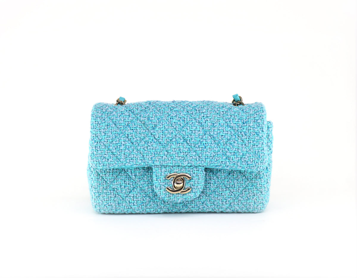 CHANEL Mini Rectangular Flap Bag, Wool & Tweed in Light Blue/Turquoise, 2022