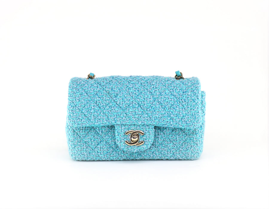 CHANEL Mini Rectangular Flap Bag, Wool & Tweed in Light Blue/Turquoise, 2022