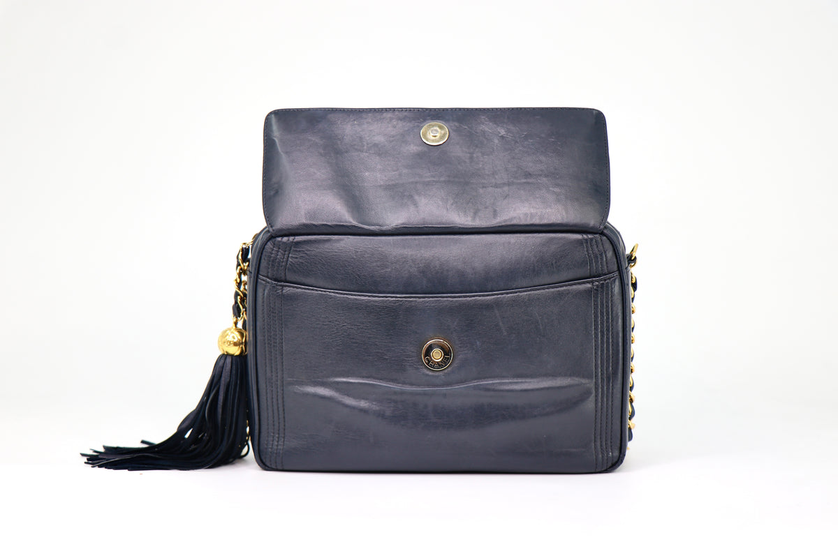 CHANEL Coco Mark Camera Bag in Navy with Tassel, Early 1990's